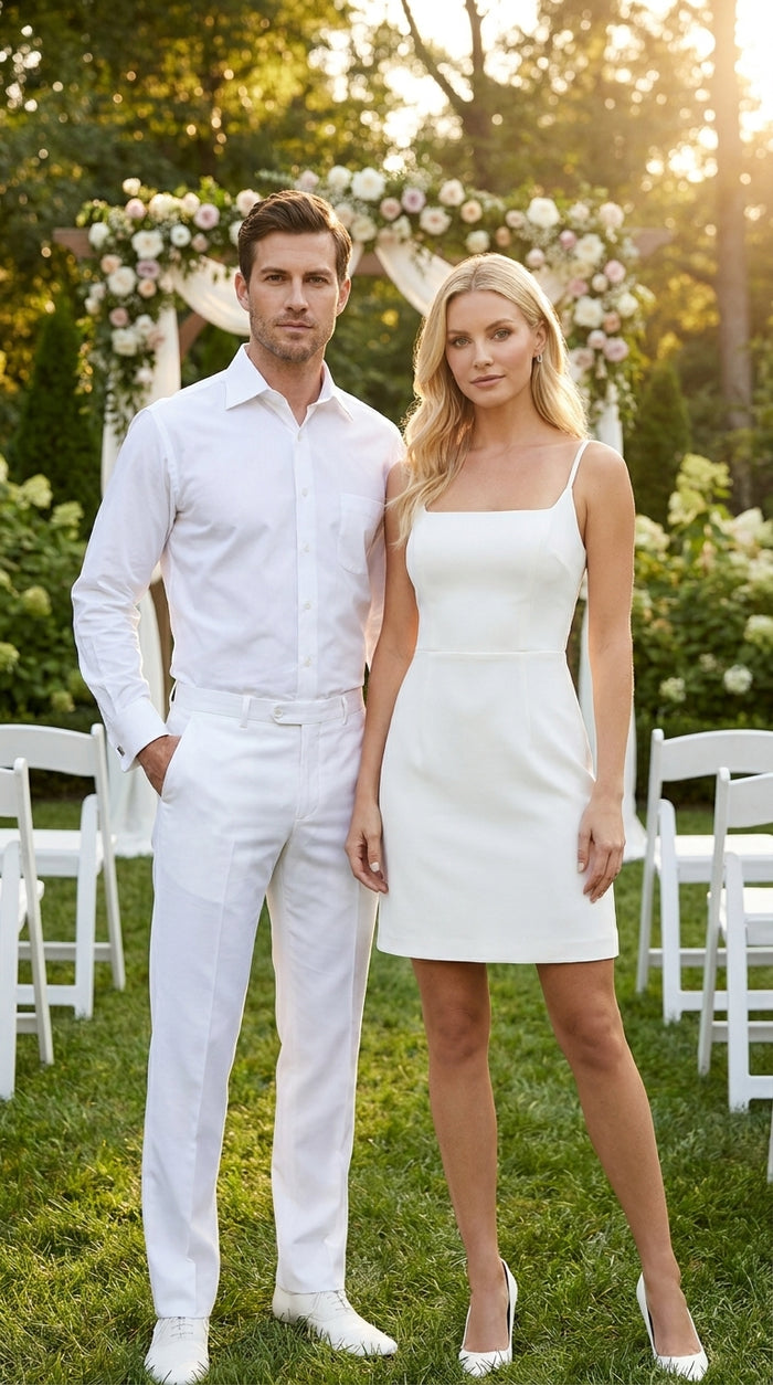 Men’s White Groomsmen Dress Shirt with Spread Collar, Long Sleeve Wedding Formal Shirt