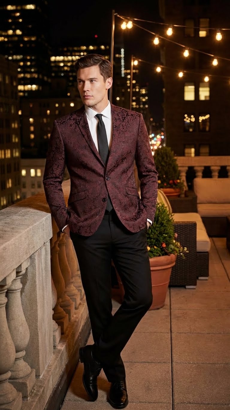 Burgundy velvet paisley blazer for men. Floral pattern, tailored fit, notched lapels, and single-button closure. Luxurious and stylish.
