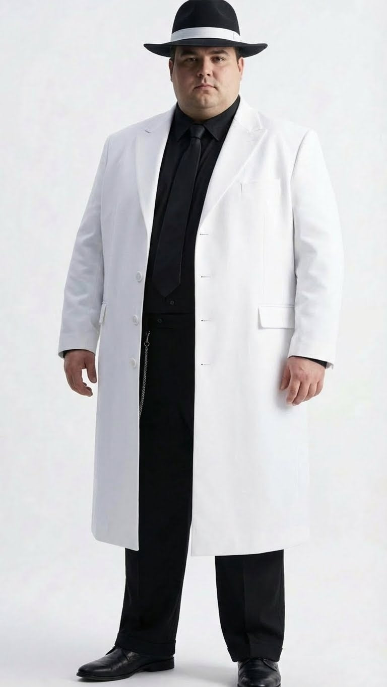 Mens White Long Zoot Style Suit  | Vintage Gangster Mafia Formal Coat with Black Pants