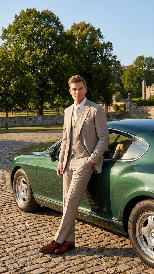 Men's light tan three-piece suit. Smooth fabric with vertical pinstripes, tailored fit. Jacket: single-breasted with lapels. Vest: pointed collar, 3 buttons. Pants: straight-cut. Soft tan with cream pinstripes.