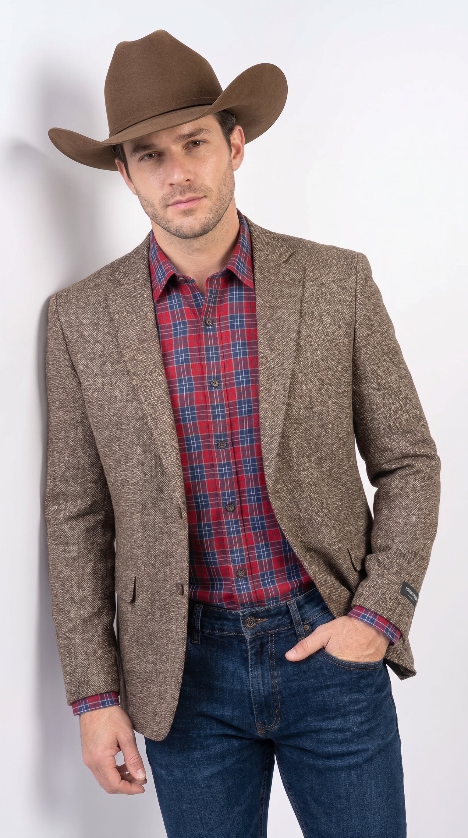 Men’s Light Brown Western Blazer – Textured Tweed Herringbone Cowboy Sport Coat for Rodeo, Country Taupe Dark Tan Color Wool Fabric