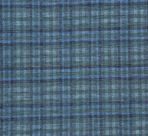 Green-blue check slim fit blazer. Tailored silhouette, modern fit. Textured, woven fabric with a grid-like check pattern in varying shades of green and blue. Sophisticated design.
