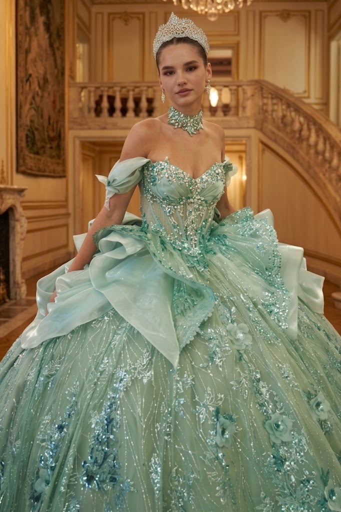 Off-Shoulder Sweetheart Beaded Corset Glitter Ball Gown Quinceañera Dress by Layla K LK313