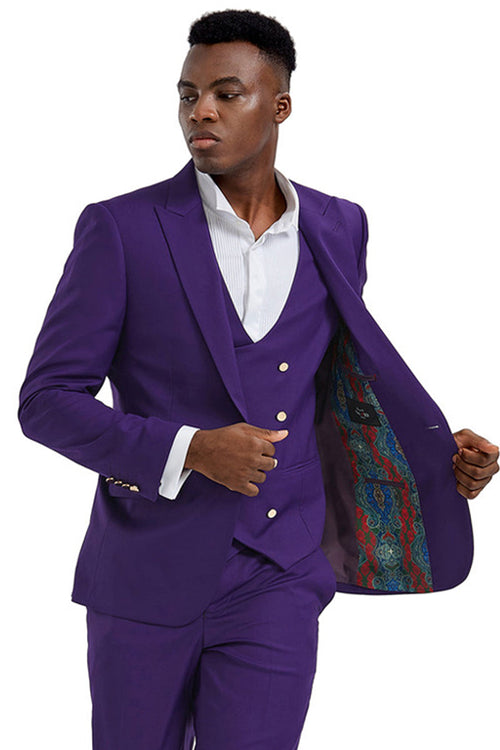 "Men's Purple Vested Suit with Gold Buttons - One Button Peak Lapel"