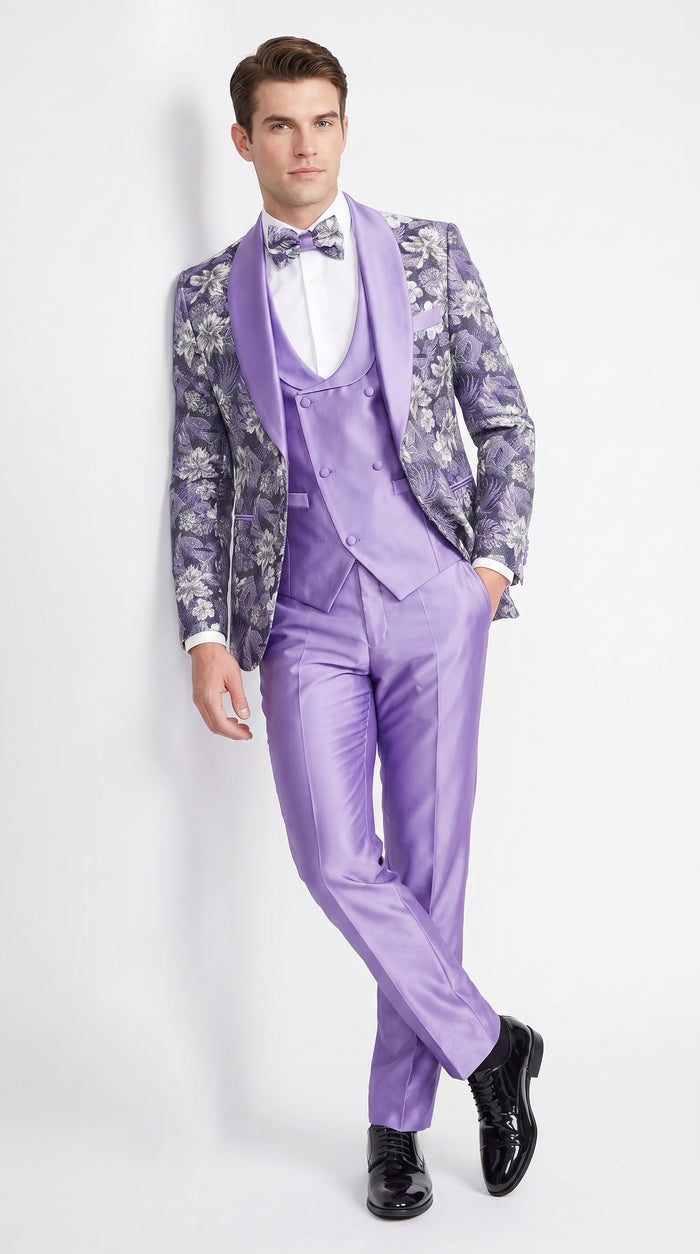 Men’s Lilac Lavender Prom Suit – Floral Shawl Lapel 3 Piece Tuxedo with Matching Vest and Pants