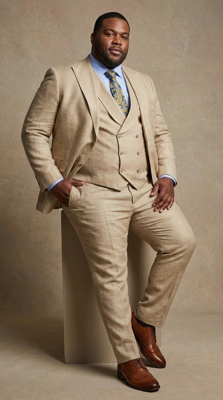 Men’s Great Gatsby Tan Summer Sharkskin 3 Piece – Double Breasted Vest Classic 1920s Groosmen Suit