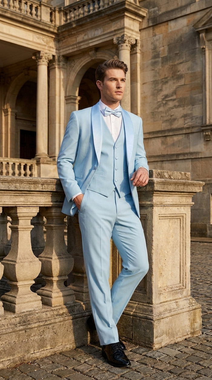 Men’s Powder Blue 3-Piece Tuxedo – Light Blue Wedding & Prom Suit with Vest in Light Blue Sky Color
