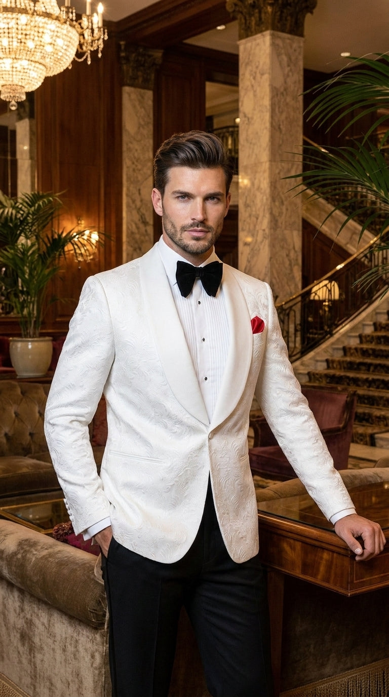 Men’s White Floral Tuxedo Jacket – Shawl Lapel Wedding & Prom Dinner Jacket
