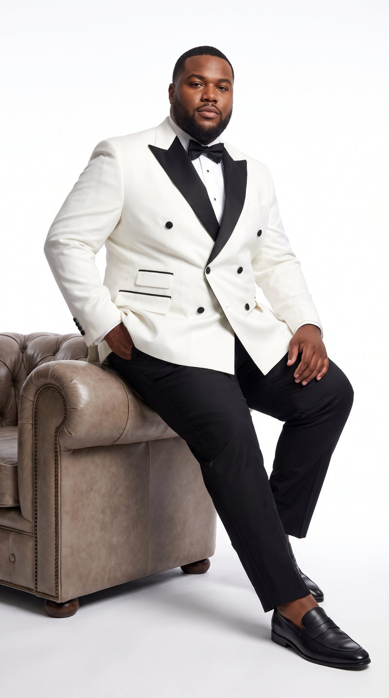 Men’s Vintage Hollywood Ivory Double-Breasted Tuxedo – Black Peak Lapel Wedding and Formal Suit