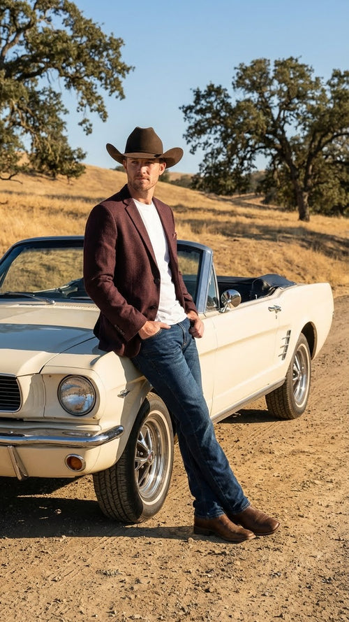 Menâ€™s Burgundy Western  Blazer Jacket, Textured Cowboy Style Sport Coat for  - Tweed Herringbone Maroon Color
