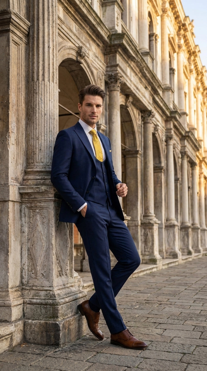 Mens Vitali 3 Piece Suit W/Scoop Vest Navy Blue 3-Piece Suit – Big Peak Lapel  Vest and Pants  Modern Fit Two Buttons
