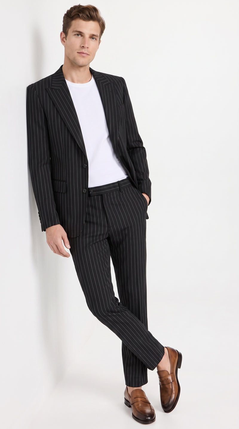 Men’s Black Pinstripe 2-Piece Tuxedo Suit – Two-Button Jacket and Matching Formal Pants