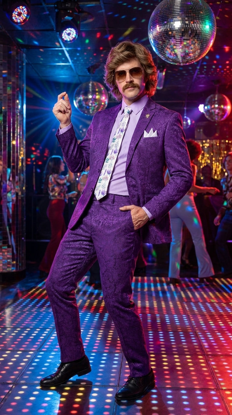 Men’s Purple Paisley 2-Piece Suit – 1970s Disco, Retro Rockabilly, Prom and Party Suit