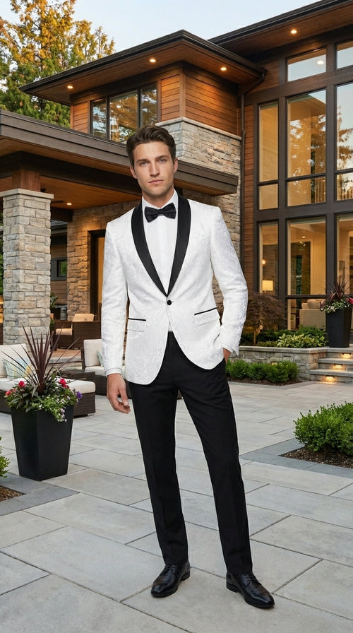 Men’s White Dinner Jacket Disco Blazer 1980s Sequin Style Jacket – Black Lapel Party Blazer, Formal Masquerade Club Wear Paisley Fabric + Bowtie