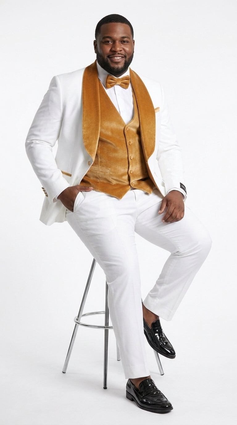 Men's White & Gold Tuxedo – Velvet Shawl Lapel 3 Piece Wedding & Prom Suit