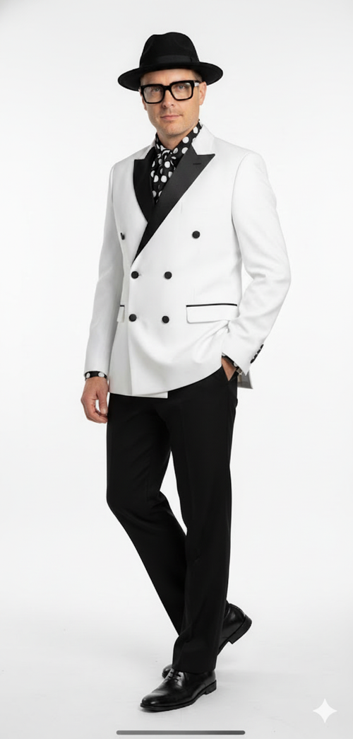 Modern slim-fit men's tuxedo. White double-breasted jacket with black lapels & buttons, paired with black trousers. Classic design.
