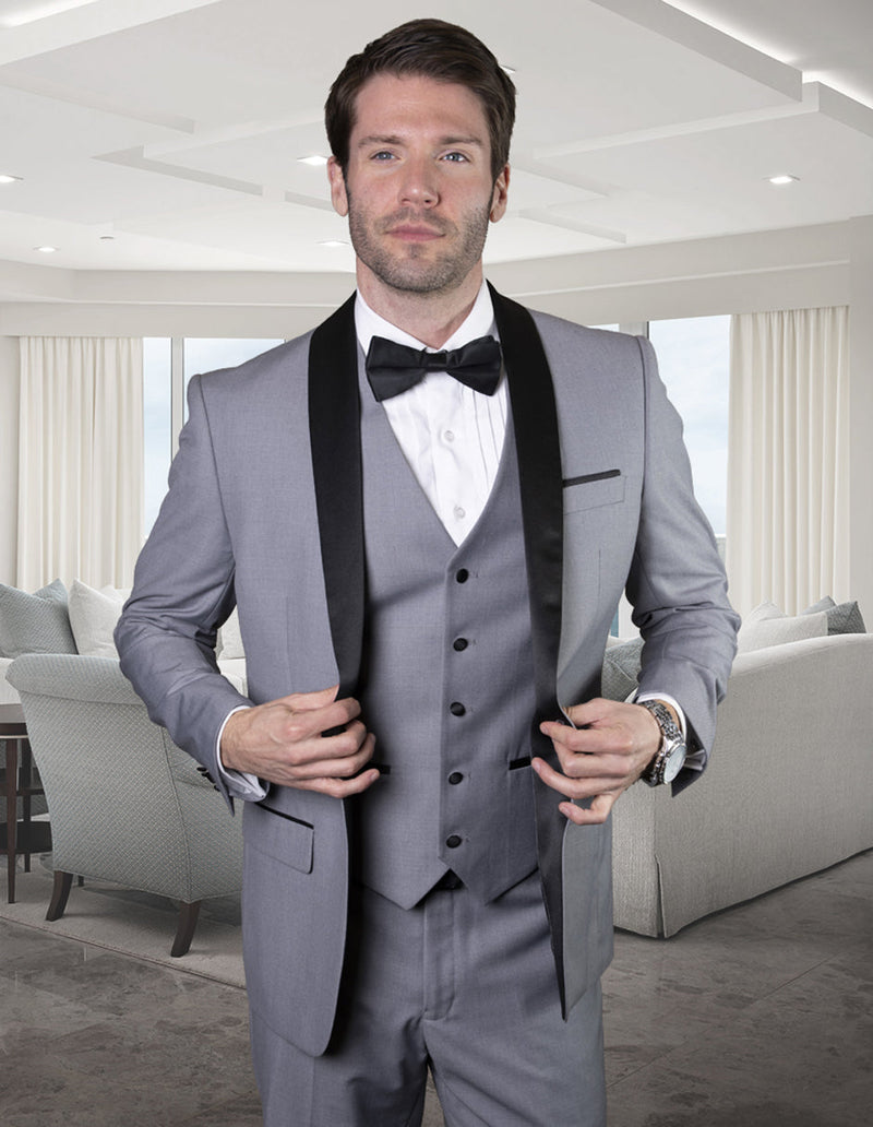 Men's modern fit tuxedo with a grey wool base, black shawl lapels, and a single-button closure. Includes a three-button vest and white dress shirt.
