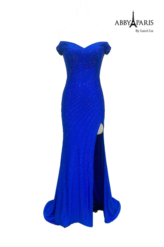 Abby Paris 90214 Beaded Off Shoulder Slit Evening Gown