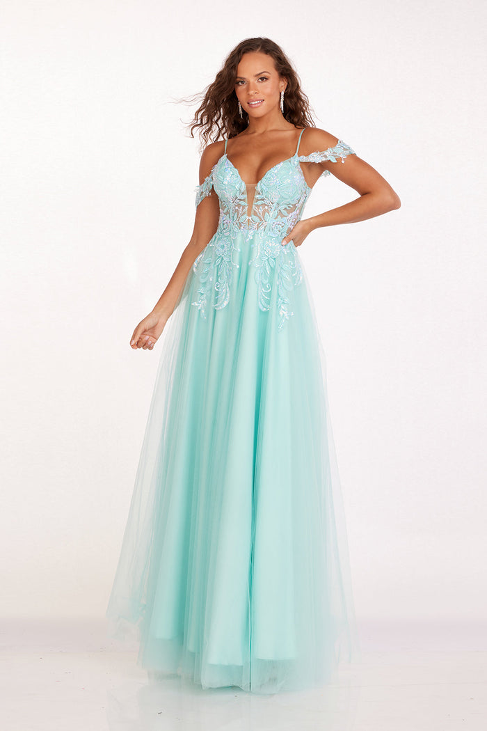 Abby Paris 90242 Applique Cold Shoulder Tulle A-Line Gown