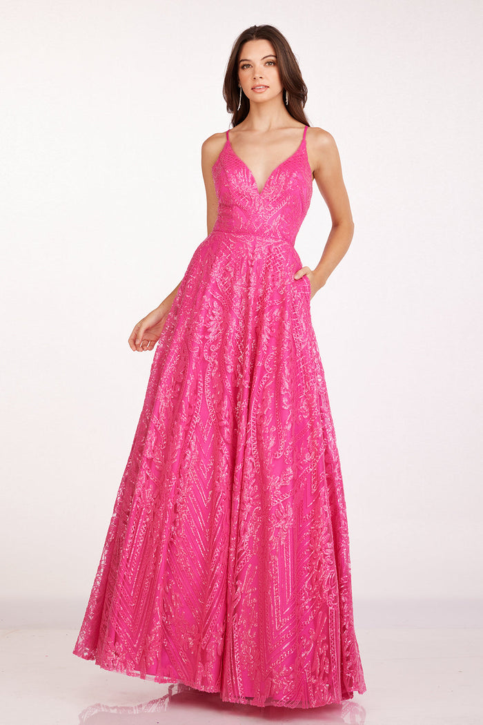 Abby Paris 90243 Sequin Print V-Neck A-Line Evening Gown