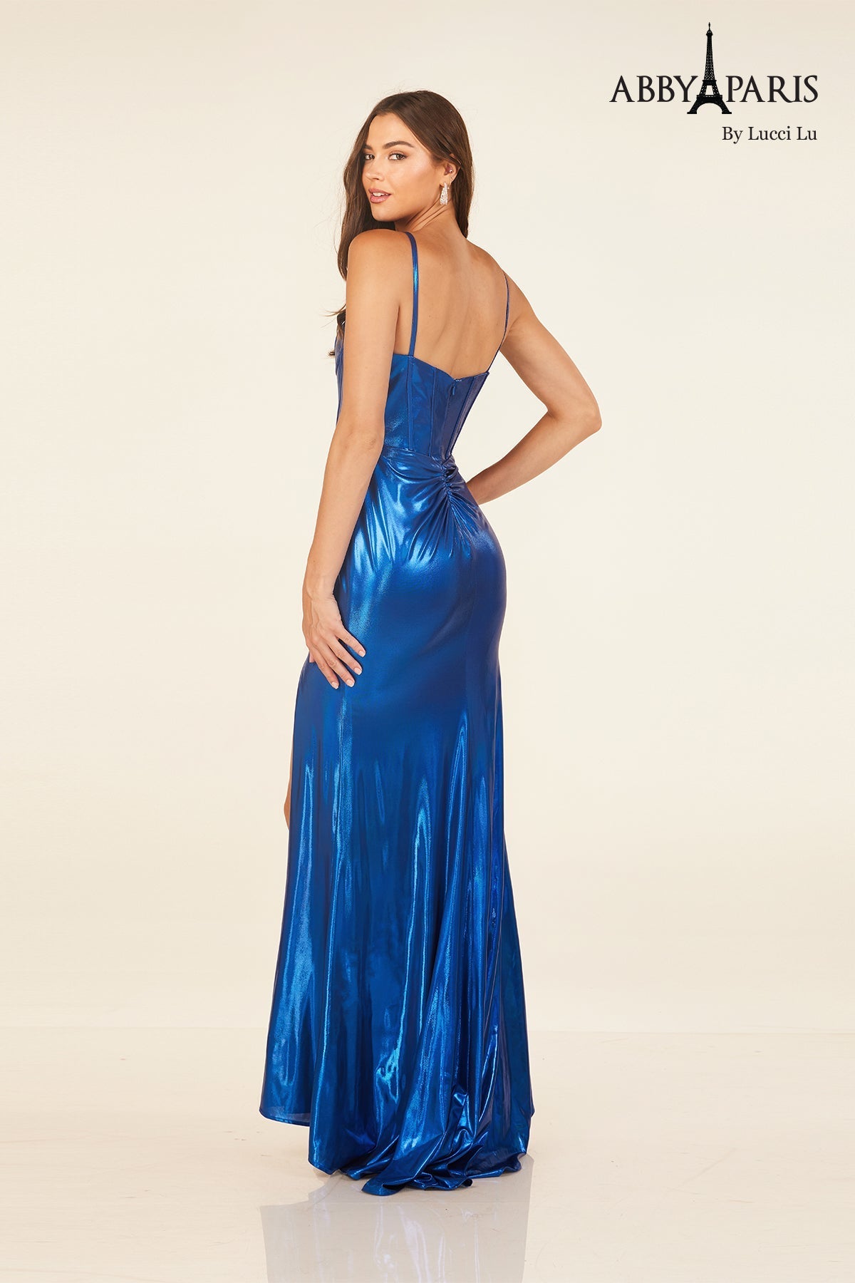 Metallic Corset Bustier Gown by Abby Paris 90288
