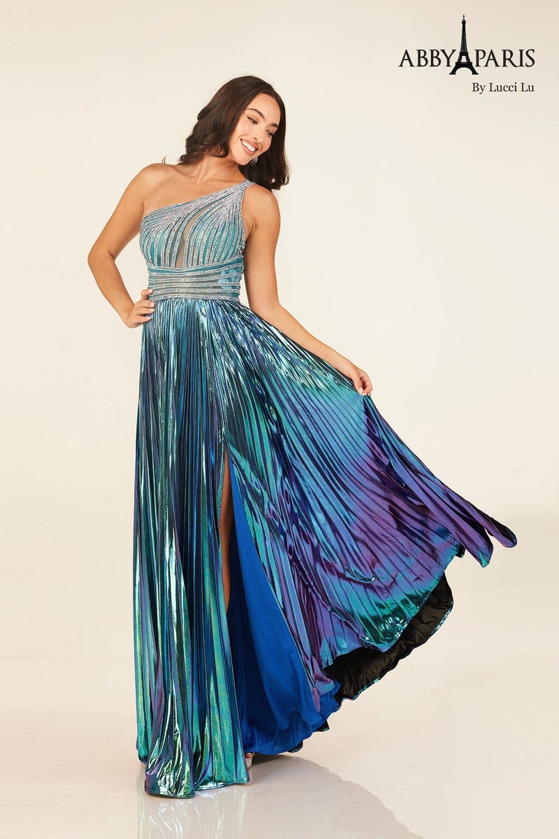One Shoulder Metallic A-line Slit Gown by Abby Paris 90289