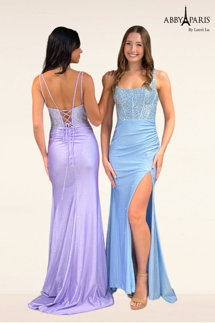 Abby Paris 90298 Beaded Glitter Corset Slit Evening Gown – Dramatic Modern Flair