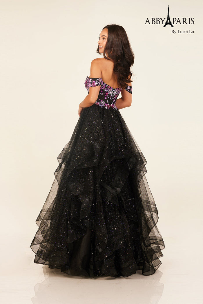 Abby Paris 90317 Off Shoulder A-line Ruffled Evening Gown