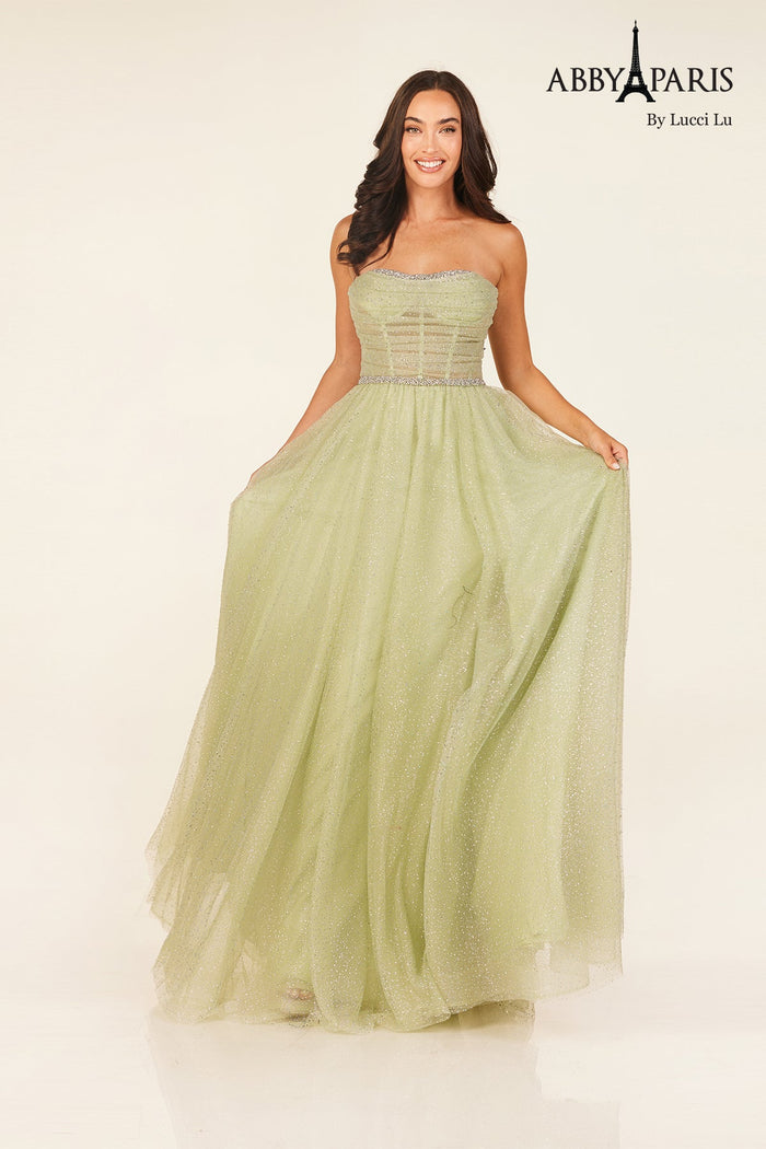 Abby Paris 90324 Tulle Strapless A-line Slit Evening Gown