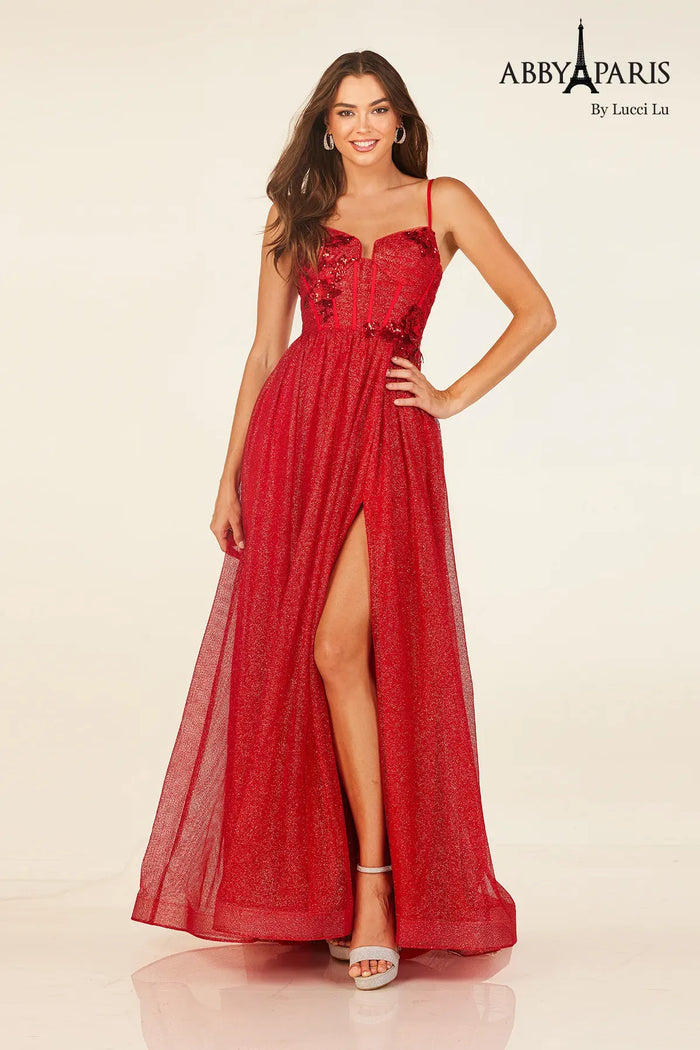 Abby Paris 90344 Glitter Sleeveless A-line Slit Evening Gown