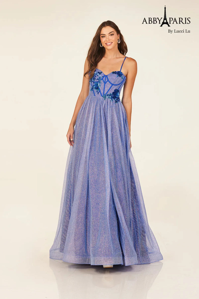 Abby Paris 90345 Applique Glitter A-line Evening Gown