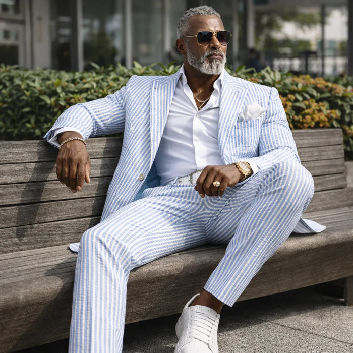 Inserch Mens Premium Cotton Seersucker Stripe Suit – Light Blue