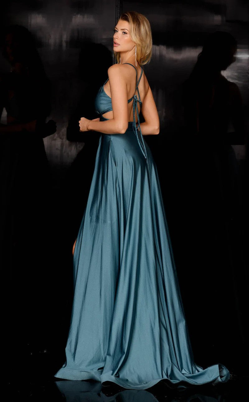 Jessica Angel JA936 V-Neck Spaghetti Strap Ruched Train Prom Jersey Dress