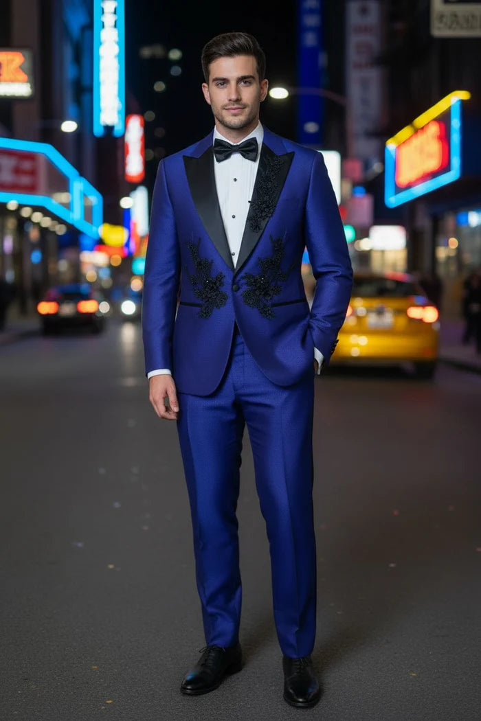 Men’s Parini Royal Blue Embellished Suit – Modern Fit Peak Lapel Prom & Formal Suit