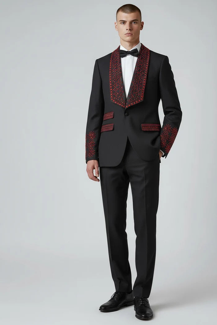 Men’s Bella Embellished Black & Royal Blue Tuxedo – 3 Piece Formal Suit with Shawl Lapel, Vest & Matching Pants
