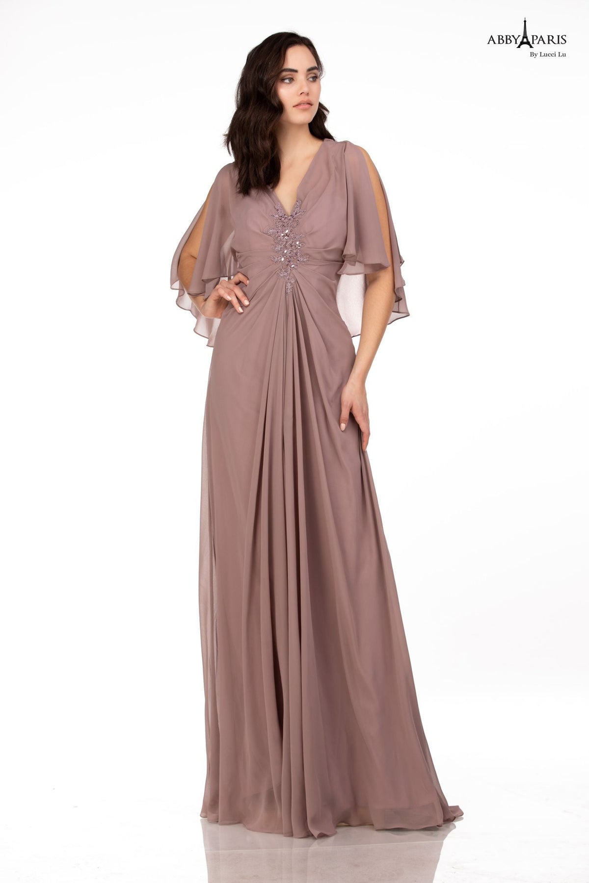 Abby Paris 96054W Beaded V-neck Chiffon Capelet Gown