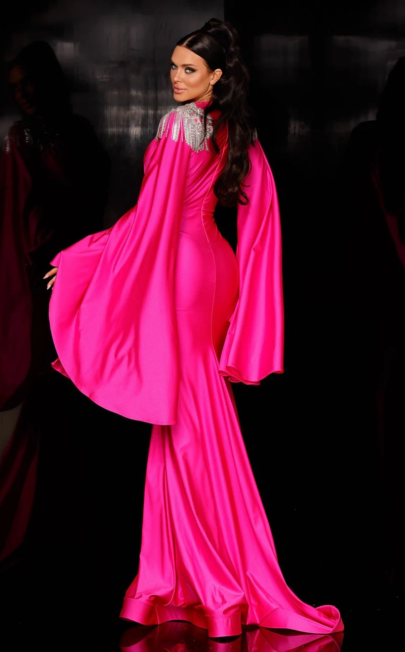 Jessica Angel JA967 Long Sleeve Fitted Draped Jersey Beaded Fringe Dress