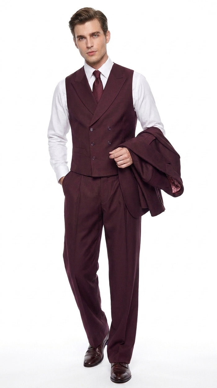 Tiglio Rosso Men’s Burgundy Wool Suit – Classic Fit Big Lapel Suit with Wide Leg Pleated Pants & Side Vents