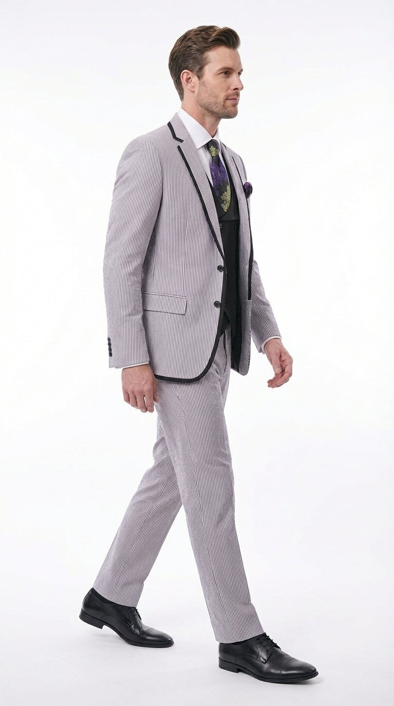 Mens Black and White Pinstripe Wedding Tuxedo Suit – Three Piece Formal Suit Set with Contrast Trim for Groom, Prom - Seersucker Summer Suit