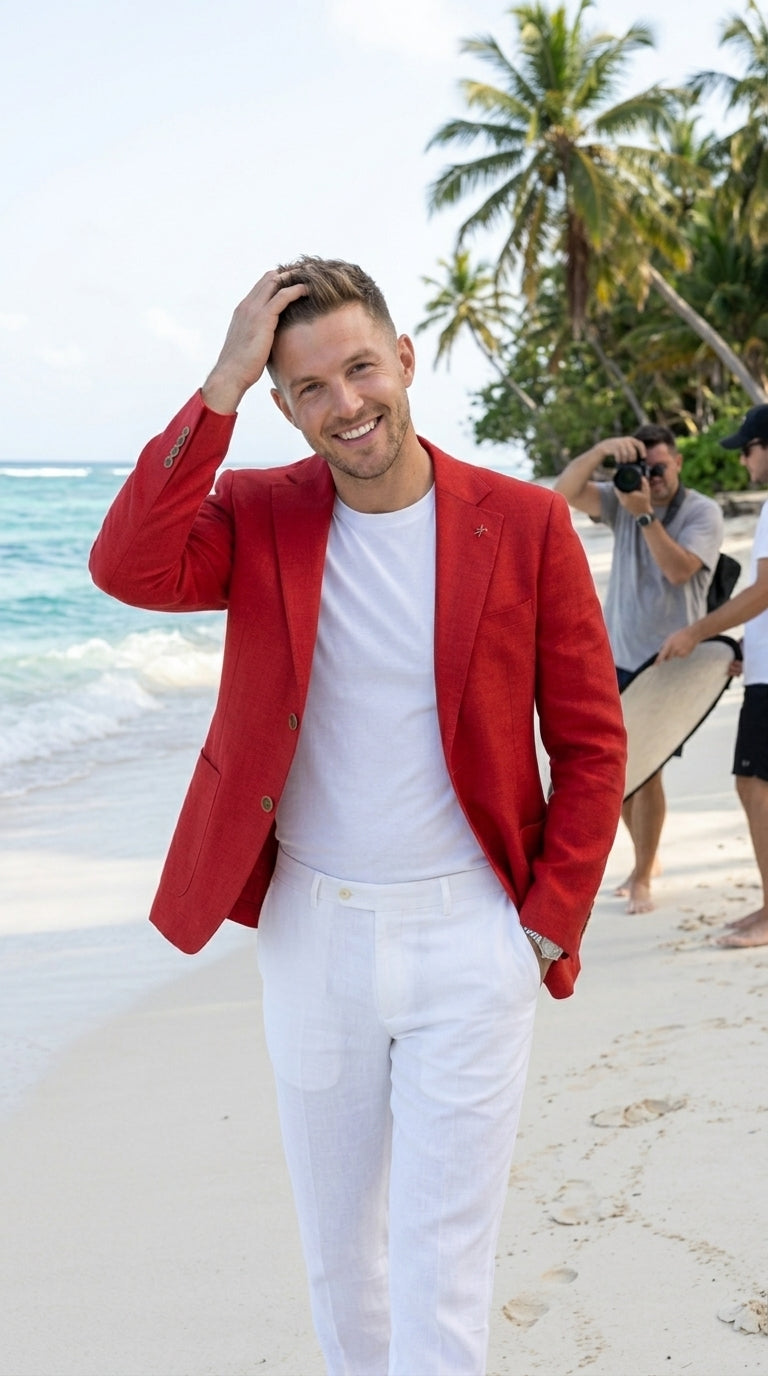 Men’s Red Linen Blazer, Lightweight Business Casual Wedding Sport Coat Jacket