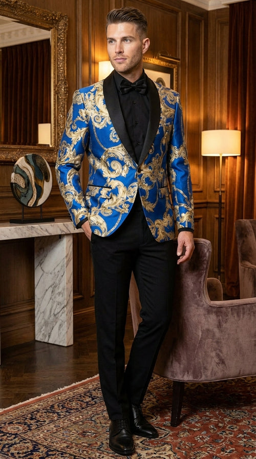 Men’s Royal Blue and Gold Blazer Jacket – Luxury Floral Pattern Tuxedo Blazer, Formal Party Wedding Dinner Jacket, Stylish Evening Wear
