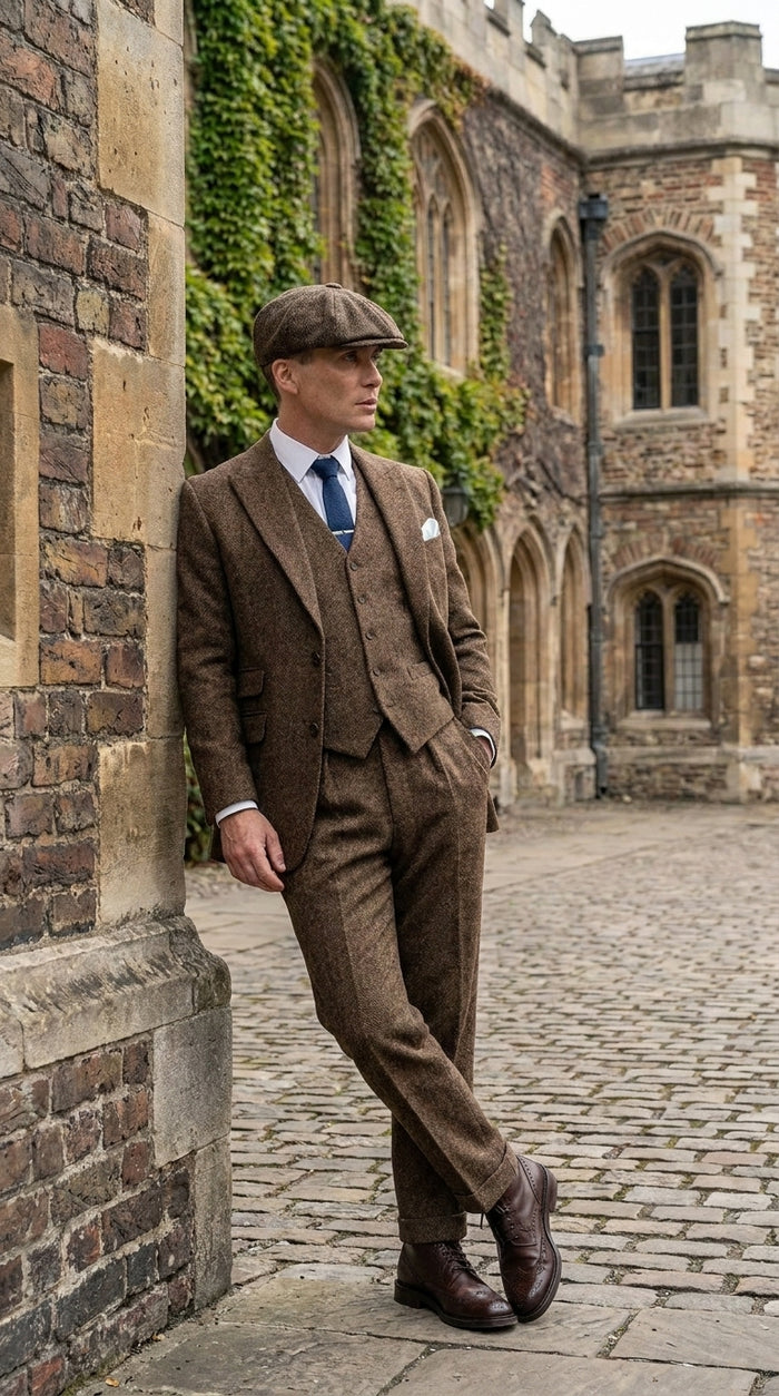 Men’s Thomas Shelby Inspired Brown Herringbone Tweed 3 Piece Suit – Peaky Blinders 1920s Vintage Suit