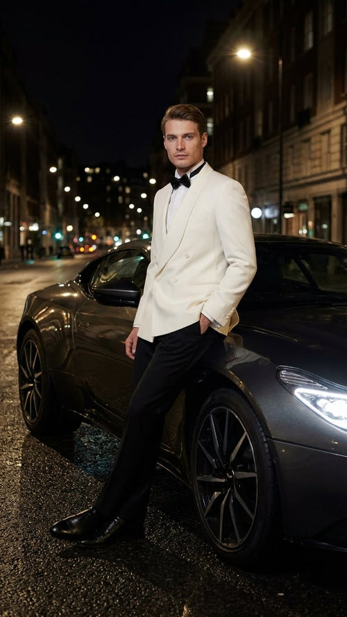 Alberto Nardoni men's ivory tuxedo jacket. Double-breasted with shawl lapel, structured and tailored. Smooth fabric, fitted sleeves, and a sleek silhouette.
