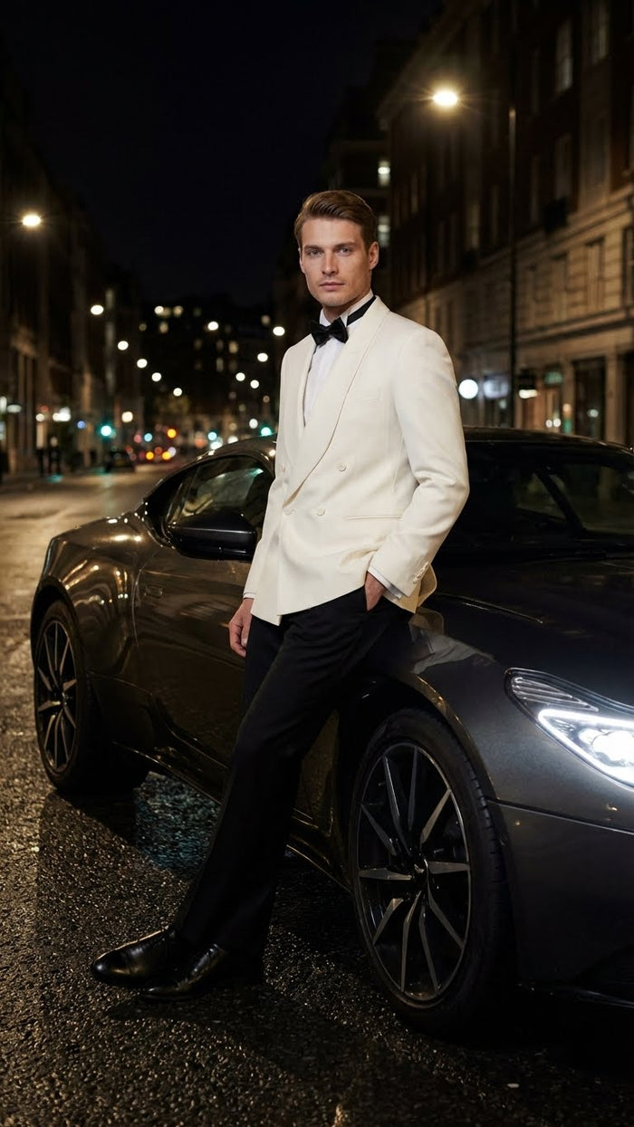 Alberto Nardoni men's ivory tuxedo jacket. Double-breasted with shawl lapel, structured and tailored. Smooth fabric, fitted sleeves, and a sleek silhouette.
