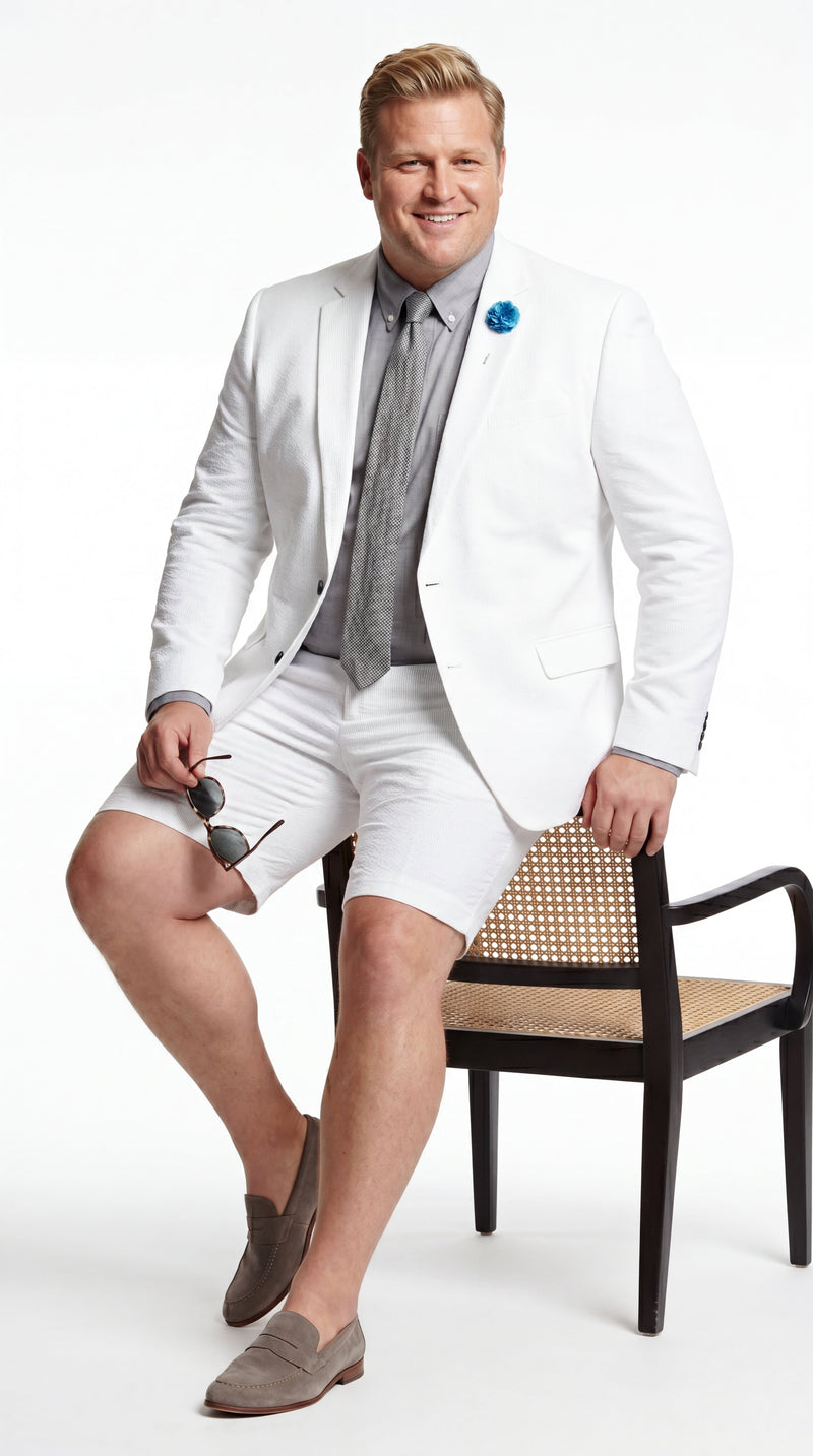Men’s Cotton Fabric White 2 Piece Summer Suit with Shorts, Casual Beach Wedding and Resort Formal Outfit