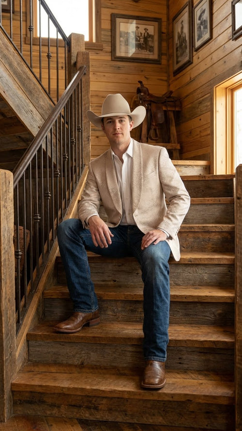 Menâ€™s Tan Khaki Beige Cream Champaign Paisley Western Blazer Jacket, Embossed Dress Sport Coat for Wedding Party Rodeo Style