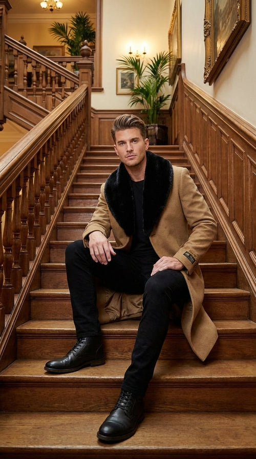 Menâ€™s Camel Tan Long Overcoat with Black Faux Fur Collar - Wool Topcoat Three if not Full length