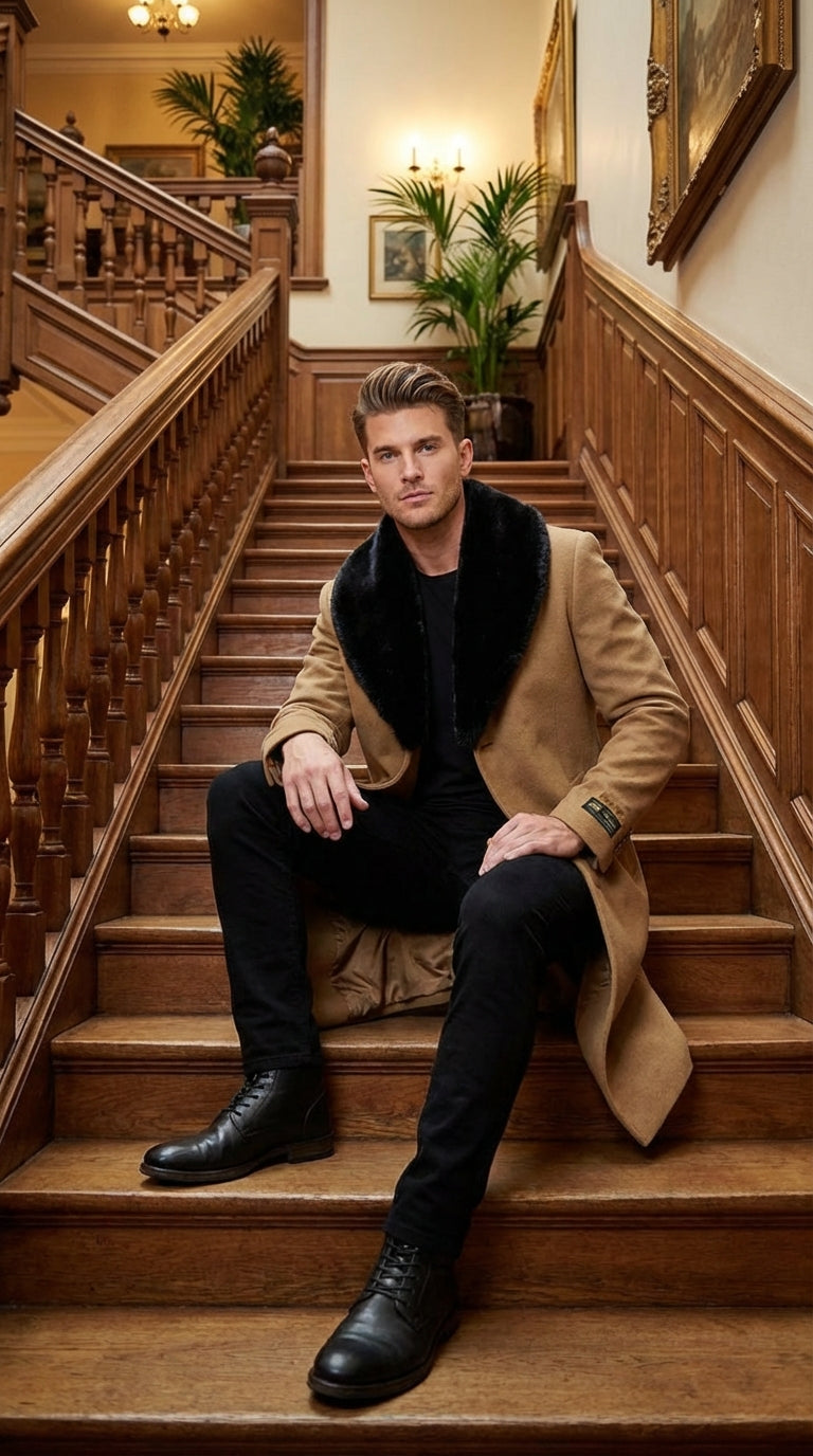 Mens Camel Tan Long Overcoat with Black Faux Fur Collar - Wool Topcoat Three if not Full length