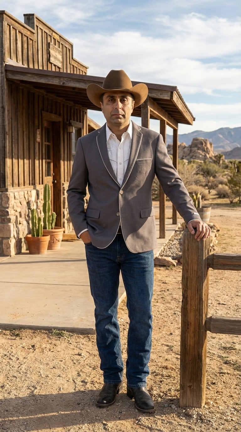 Mens Grey and White Trim Western Blazer – Classic Fit Cowboy Style Contrast Trim Dress Jacket