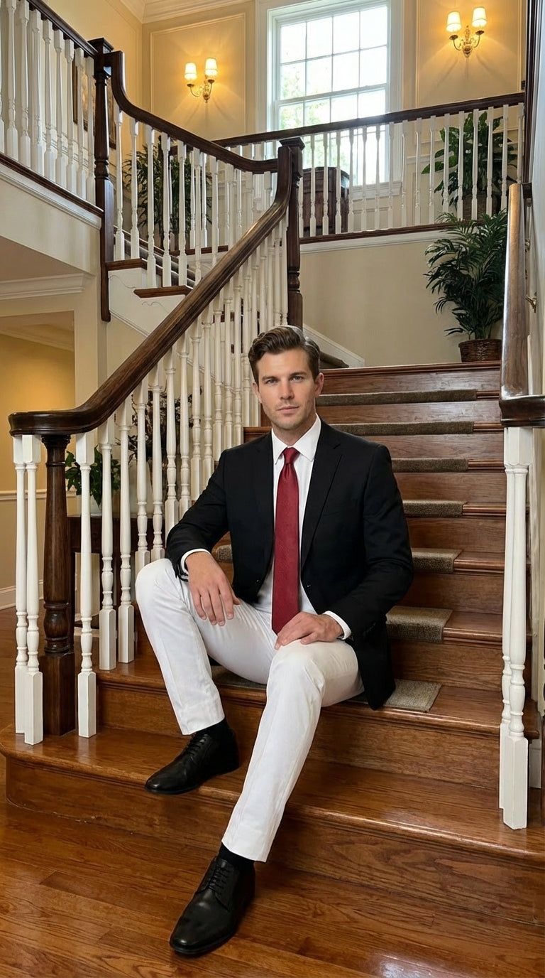 Mens Solid Black Two Button Suit Jacket Blazer With White Pants | Black Blazer Sport Coat